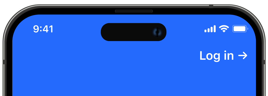 The top of the app: Log in is in the upper right corner